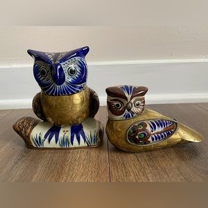 ⭐️Vintage⭐️ Pair of Tonala made in Mexico owls. Brass and ceramic.